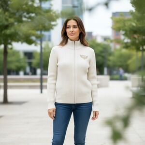 VTG Y2K Epic Hero White Full Zip Knit Sweater Wings Eagle Logo Womens Size L NEW